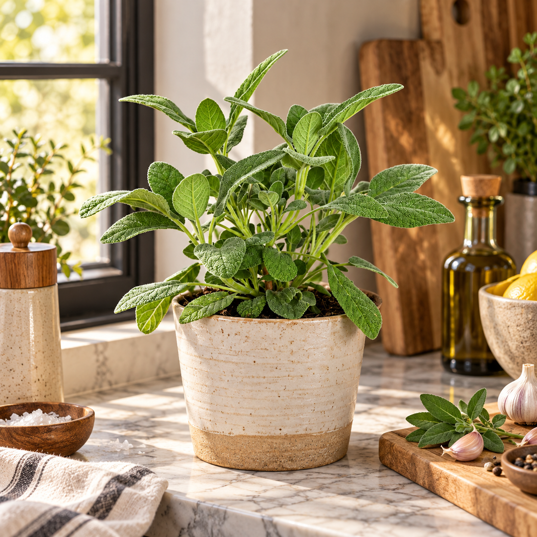 Pianta di Salvia Maxima in vaso ambientata sul piano cucina, ideale come erba aromatica da coltivare in casa