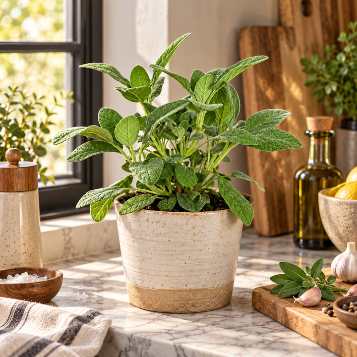 Pianta di Salvia Maxima in vaso ambientata sul piano cucina, ideale come erba aromatica da coltivare in casa