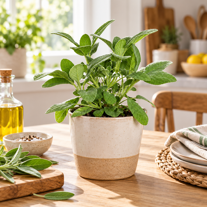 Pianta di Salvia Maxima in vaso decorativo ambientata su tavolo in cucina, con grandi foglie verdi aromatiche
