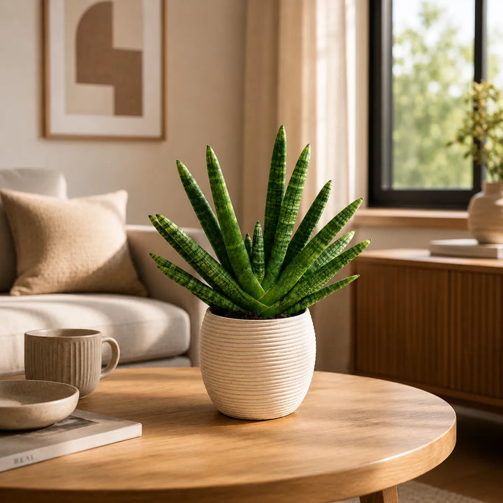 Sansevieria Swasdii con foglie compatte e verticali in vaso rigato Sally su tavolo in ambiente moderno.
