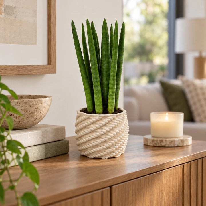 Sansevieria cylindrica in vaso Made in Italy Carina bianco, utilizzata come pianta da interno su mobile in legno