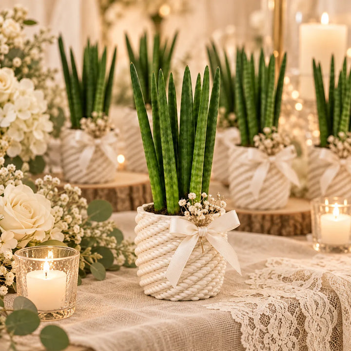 Sansevieria cylindrica in vaso Carina bianco decorato con fiocco e fiori come bomboniera per matrimonio