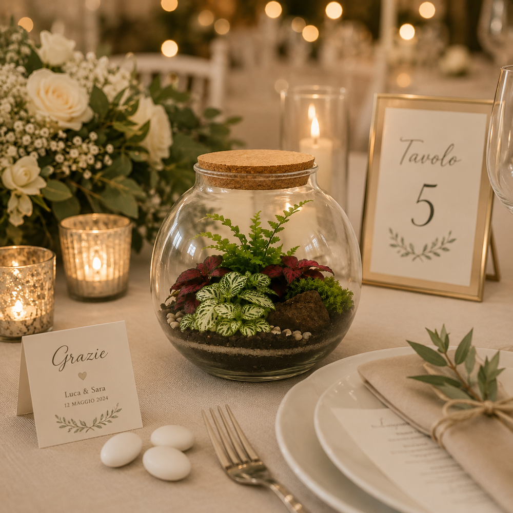 Terrarium artigianale con Fittonia e felce su tavola matrimonio decorata con candele, segnaposto e composizioni floreali eleganti.
