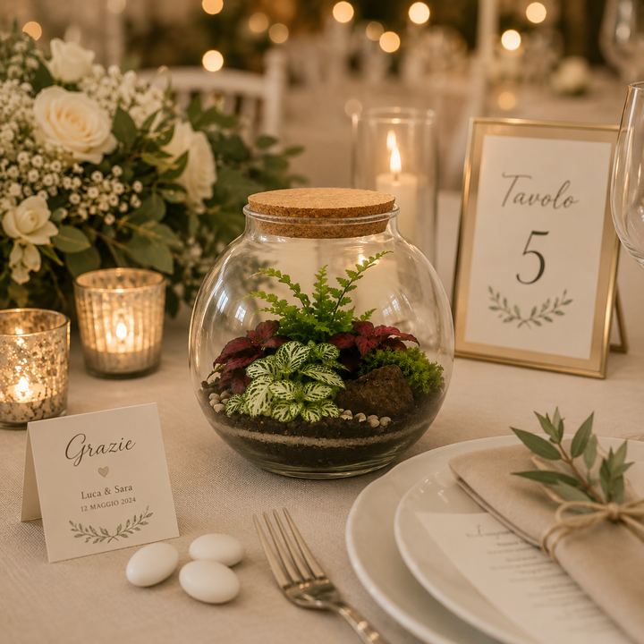 Terrarium artigianale con Fittonia e felce su tavola matrimonio decorata con candele, segnaposto e composizioni floreali eleganti.
