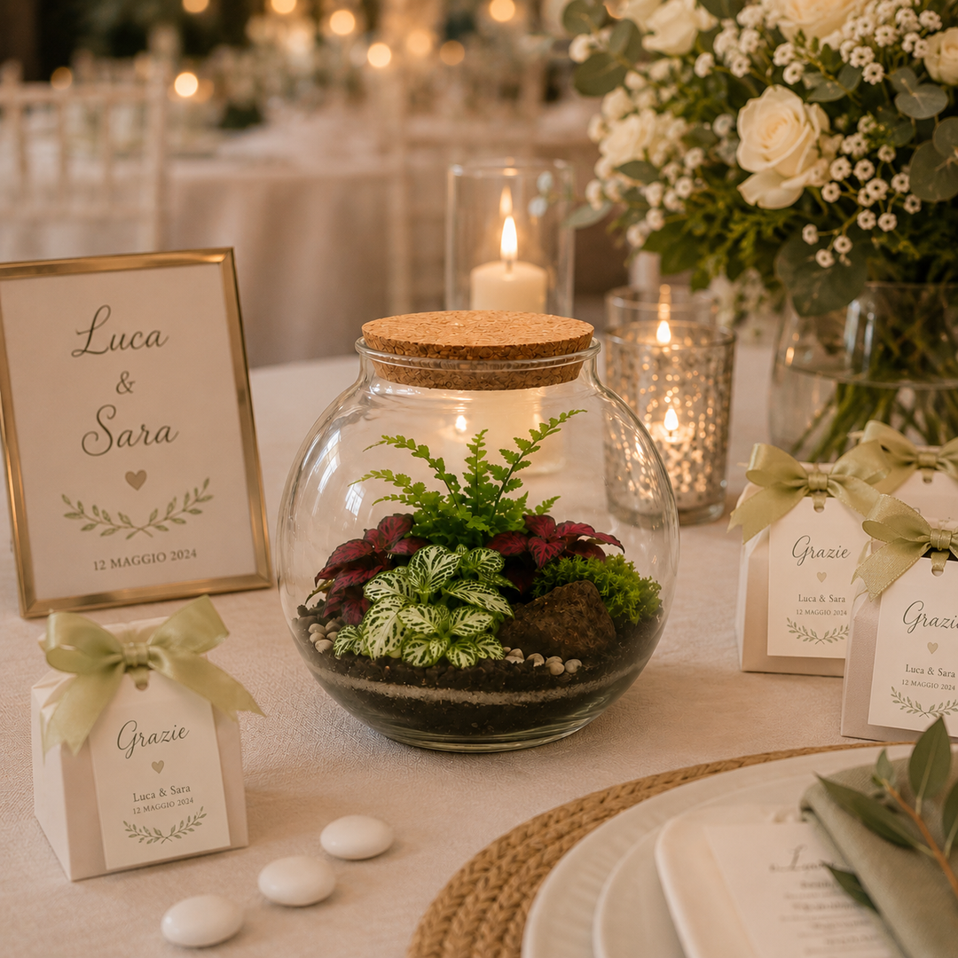 Terrarium in vetro utilizzato come decorazione elegante per matrimonio con candele, fiori bianchi e bomboniere personalizzate.