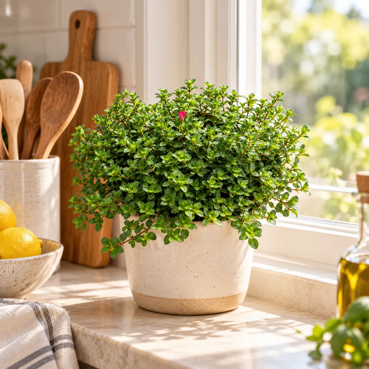 Timo Faustini in vaso decorativo posizionato vicino a una finestra luminosa in cucina
