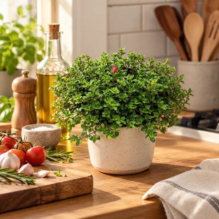 Timo Faustini in vaso decorativo ambientato in cucina, pianta aromatica compatta con piccole foglie verdi