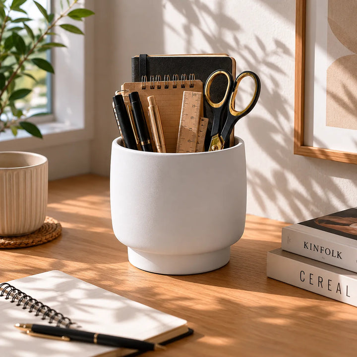 Vaso Sweet bianco impiegato come portapenne e organizer da scrivania con forbici, quaderno, penne e righello in un ambiente luminoso e moderno.