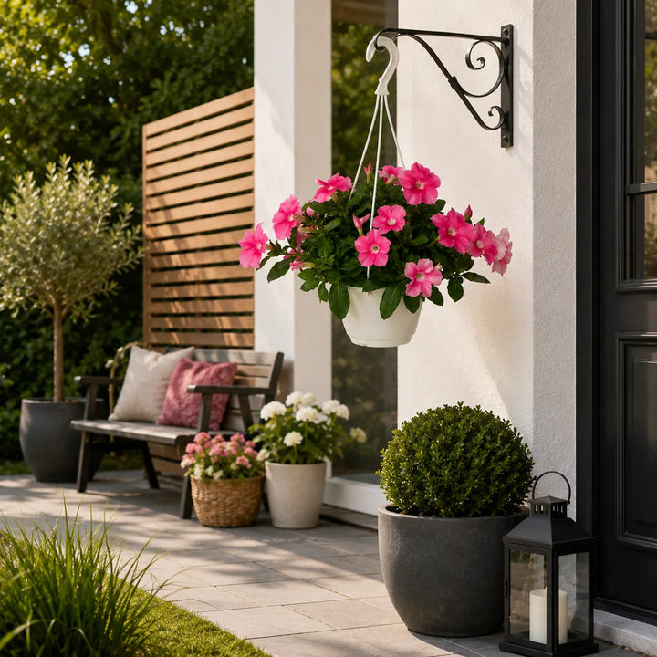 Basket sospeso con Vinca pendula rosa installato su una veranda moderna, ideale per creare angoli fioriti all'aperto.