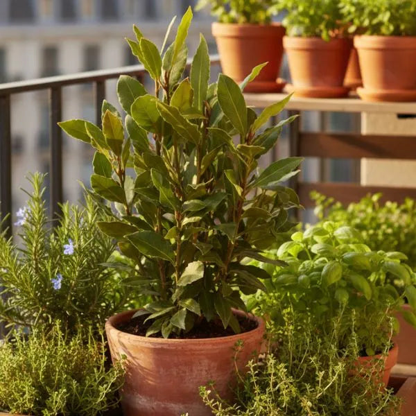 Laurus Nobilis (Alloro) in vaso di terracotta posizionato su un balcone soleggiato