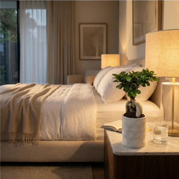Bonsai Ficus Ginseng prezzo - su comodino in marmo con lampada e libro, in luce serale rilassante