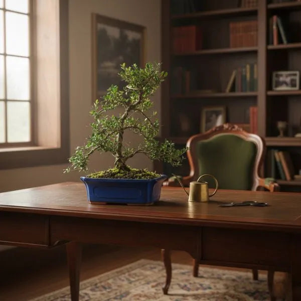 Bonsai Ilex microphylla in vaso blu su scrivania in legno, elemento decorativo raffinato per studio, ufficio o libreria.