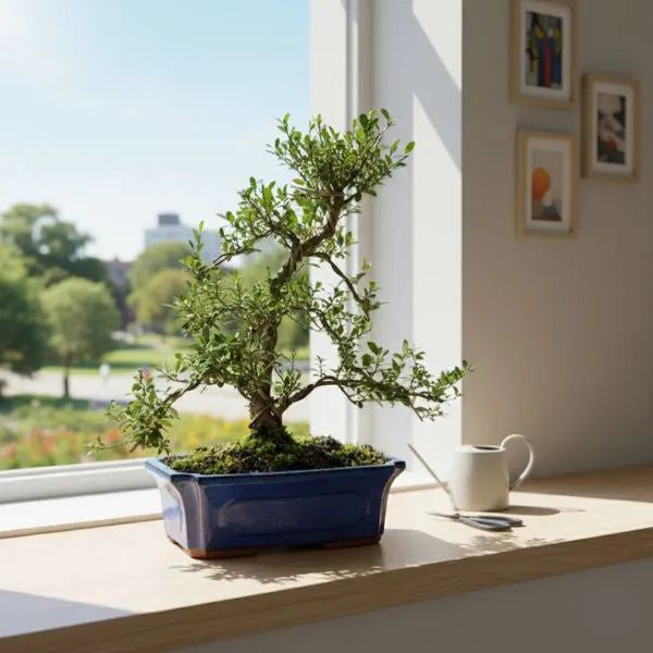 Bonsai Ilex microphylla in vaso rettangolare blu posizionato su davanzale luminoso, pianta ornamentale compatta per ambienti interni.