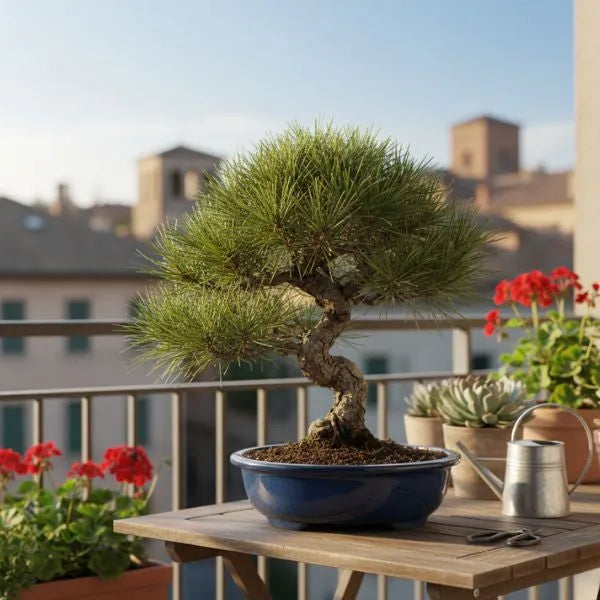 Bonsai di pino in vaso blu su tavolino da terrazzo con annaffiatoio e piante ornamentali sullo sfondo