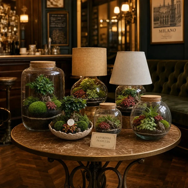 Terrarium e lamparium de I Giardini di Giulia su un tavolino in marmo all’interno di un bistrot