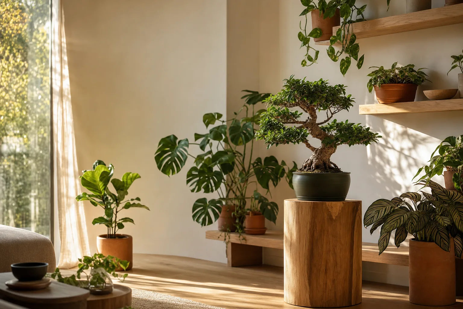 Soggiorno luminoso con bonsai su un tronco di legno, piante da interno e mensole verdi