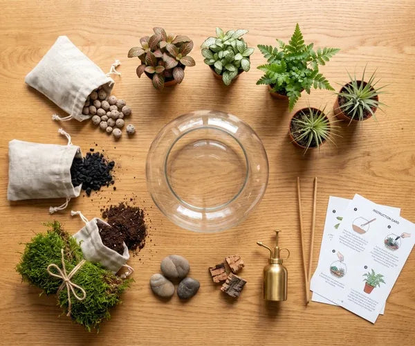 Componenti di un kit terrarium fai da te su un tavolo di legno: vaso in vetro, piante, substrati, muschio e istruzioni