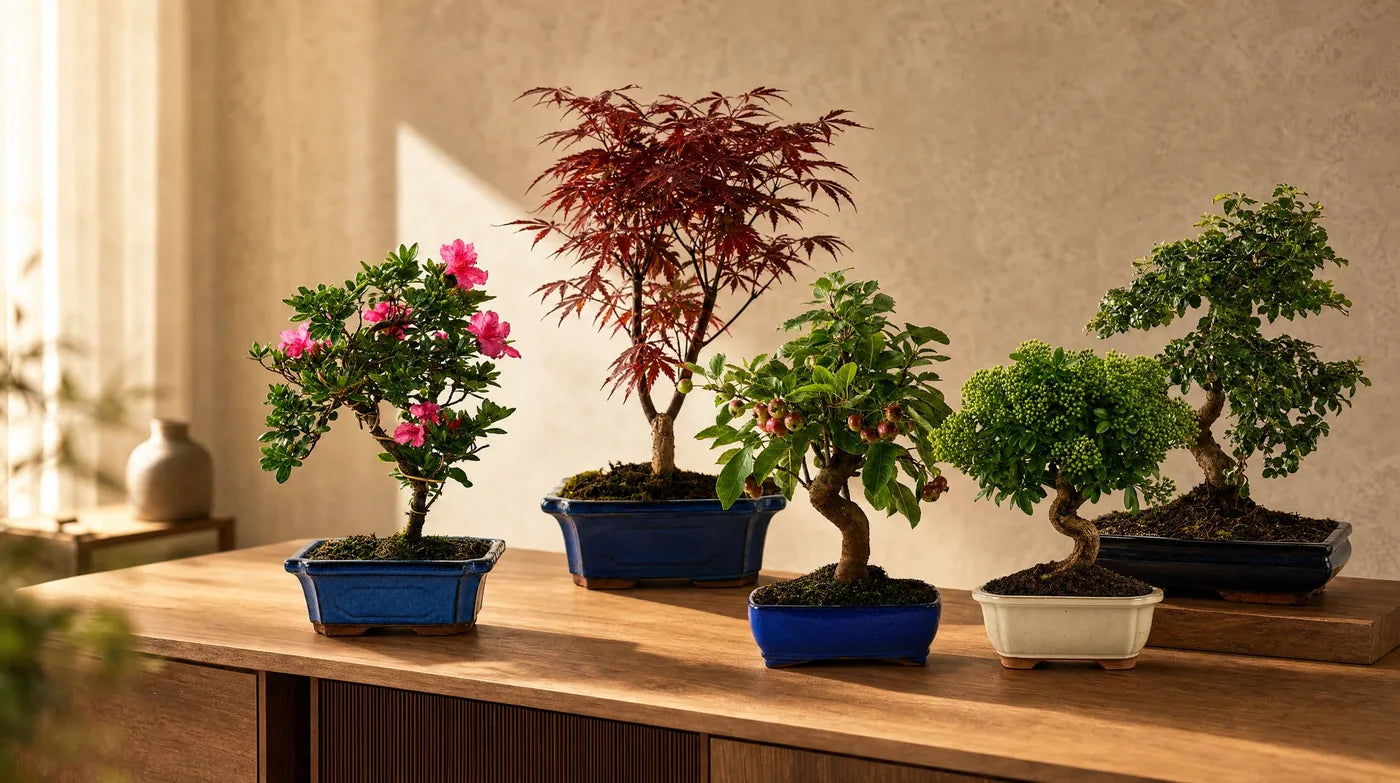 Collezione di bonsai di diverse specie in vasi di ceramica blu e crema su un mobile in legno