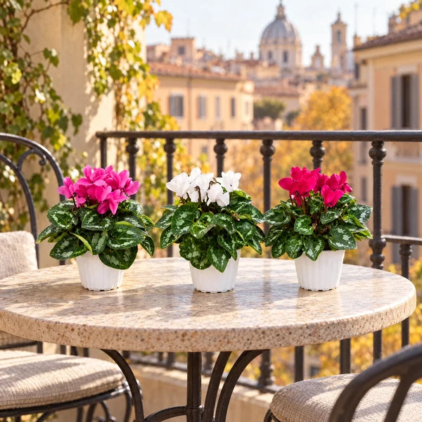 Tre ciclamini mini color mix in vasi bianchi da 12 cm su un balcone