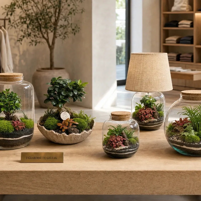 Terrarium, lamparium e bonsai in ciotola su un tavolo di una boutique