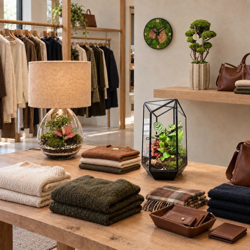 Boutique con lamparium, terrarium in vetro, orologio botanico e bonsai Kumori tra capi e accessori