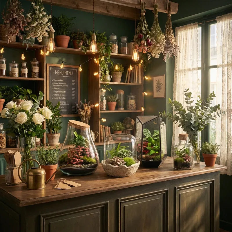 Bancone di un negozio di fiori con terrarium, piante in vaso e rose bianche