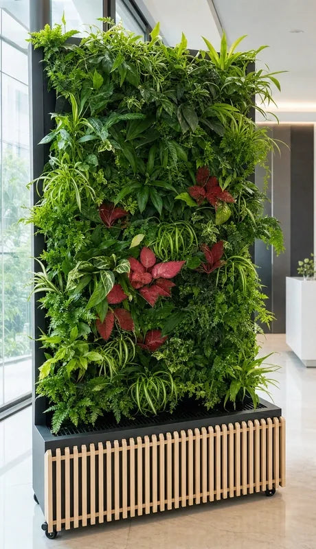 Parete verde con piante vere nella hall luminosa di un edificio