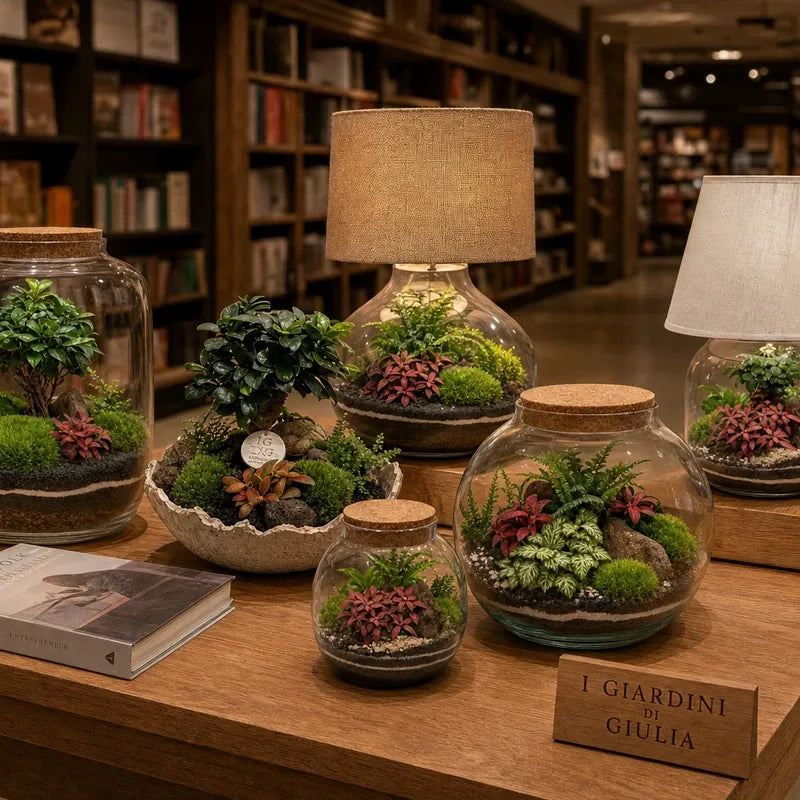 Terrarium e lamparium de I Giardini di Giulia su un tavolo in una libreria