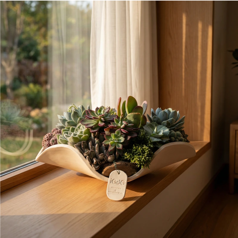 Composizione di piante grasse succulente in vaso decorativo su davanzale illuminato dalla luce naturale.