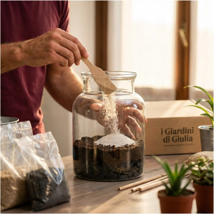 Assemblaggio Terrarium con Piantine - uomo che aggiunge sabbia decorativa