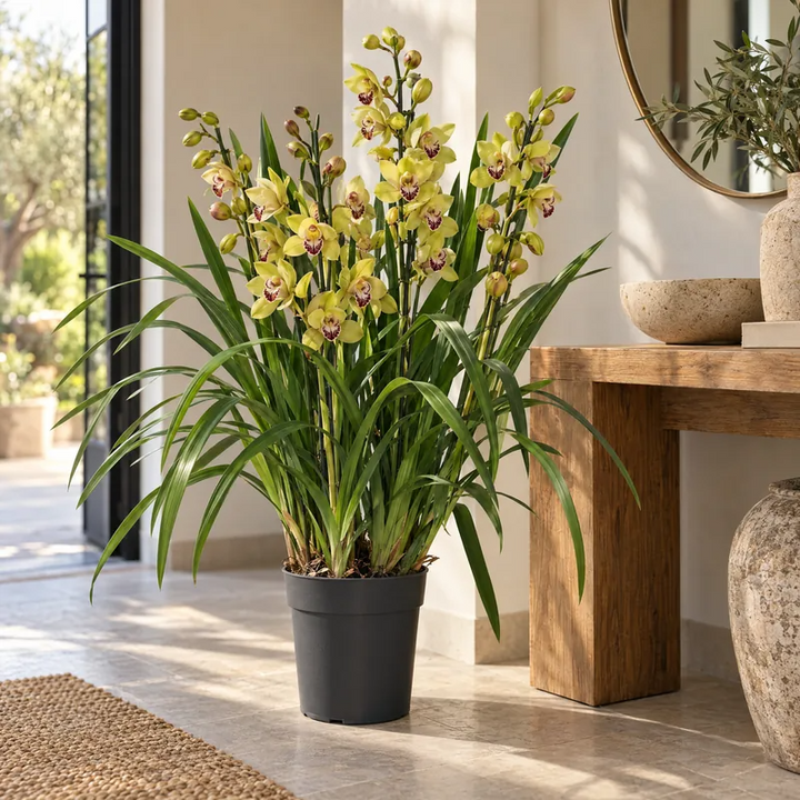Orchidea Cymbidium gialla in un ingresso luminoso