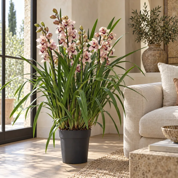 Orchidea Cymbidium rosa in un soggiorno luminoso