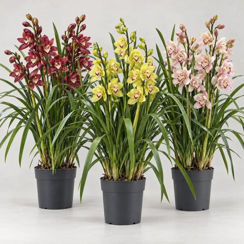 Tre orchidee Cymbidium rosso, giallo e rosa in vasi di coltivazione neri