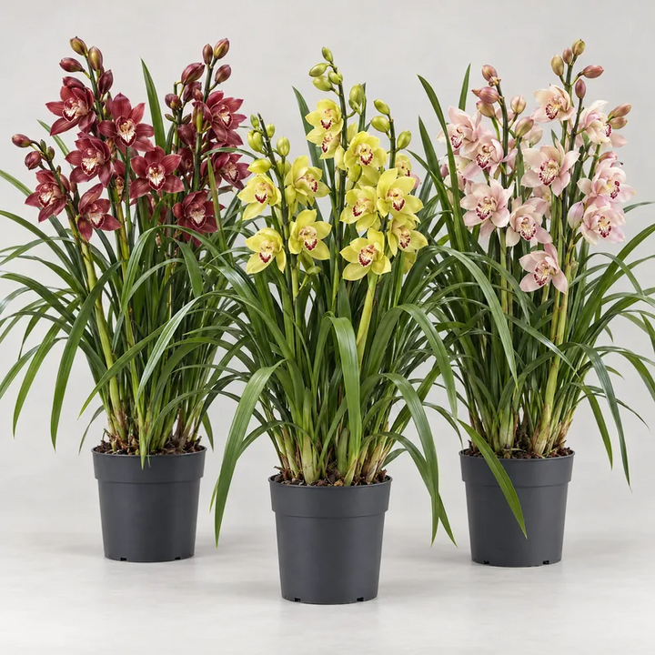 Tre orchidee Cymbidium rosso, giallo e rosa in vasi di coltivazione neri