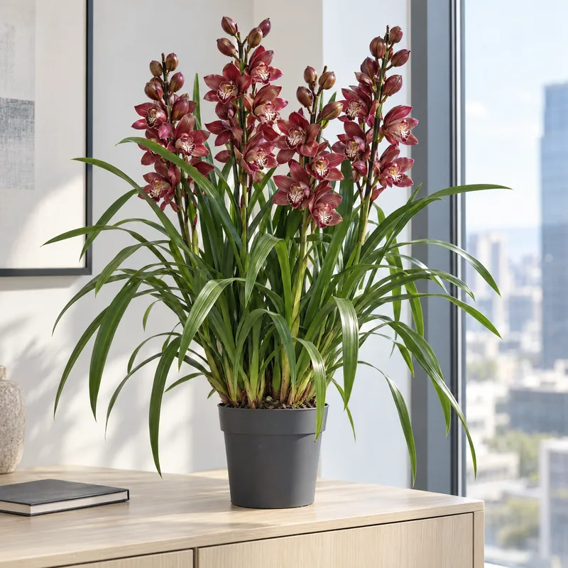 Orchidea Cymbidium rossa su un mobile vicino alla finestra
