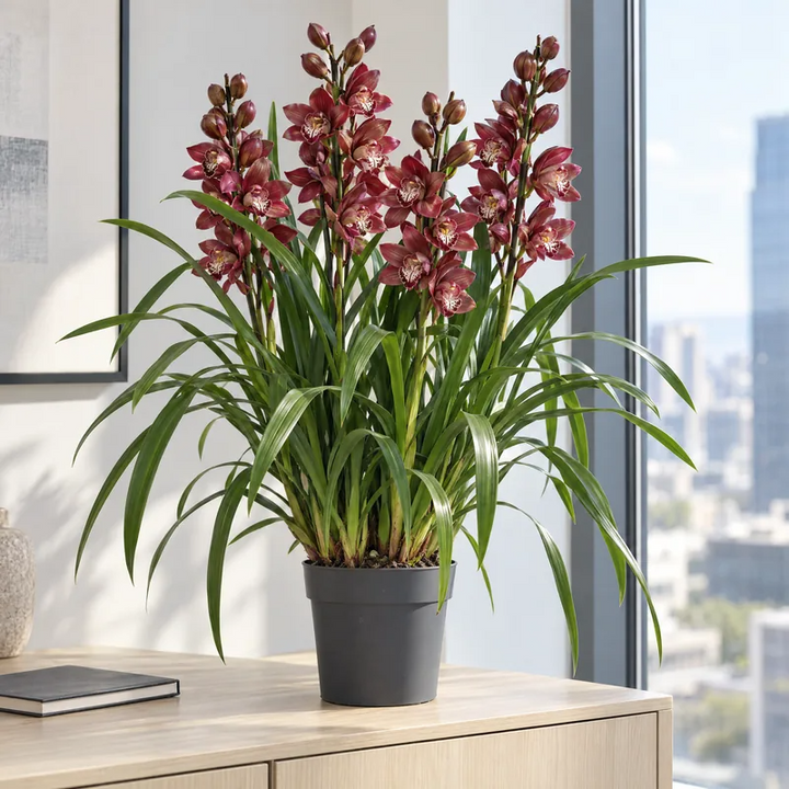 Orchidea Cymbidium rossa su un mobile vicino alla finestra