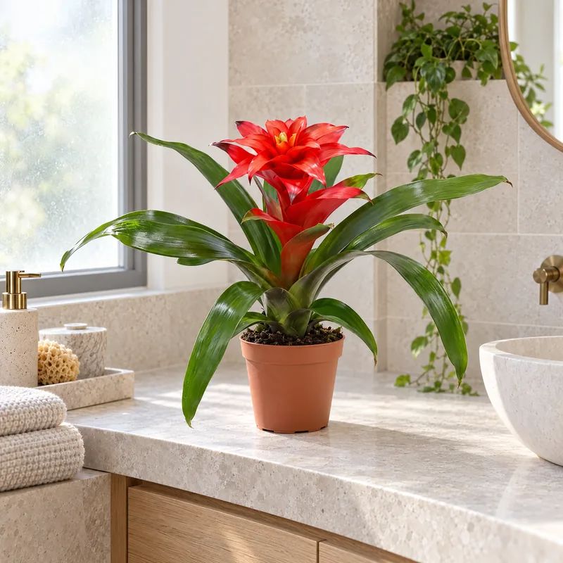 Bromelia Guzmania rossa sul piano di un bagno luminoso, pianta tropicale che ama l'umidità