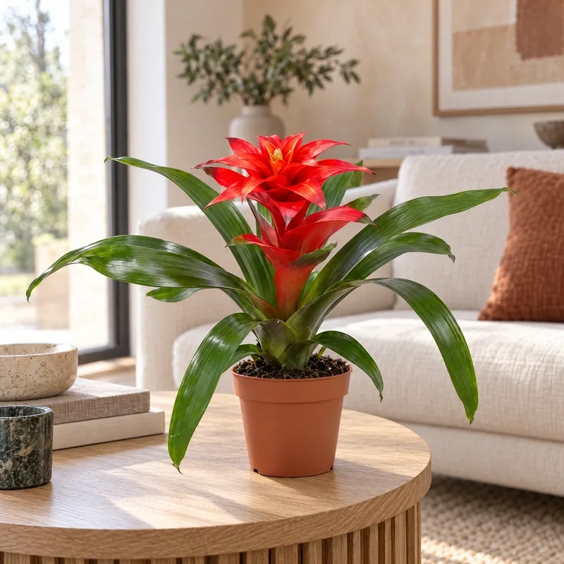 Guzmania rossa fiorita su un tavolino da soggiorno, idea regalo per la casa