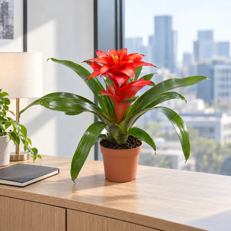Guzmania rossa in vaso su un mobile d'ufficio luminoso con vista sulla città