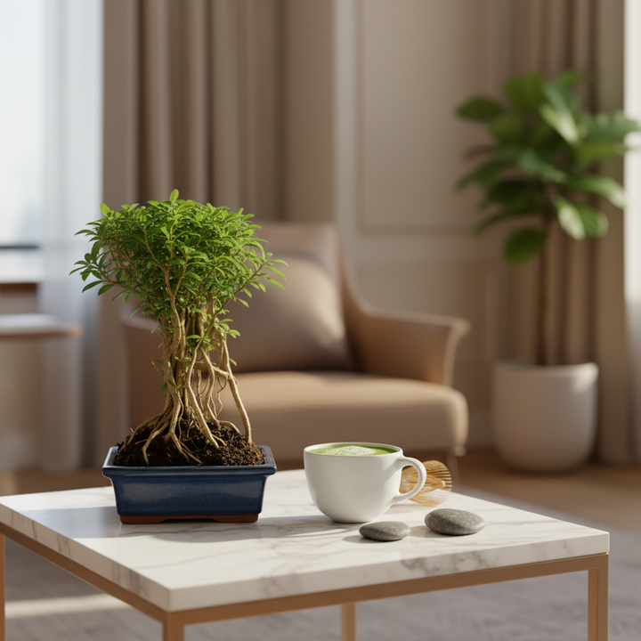 Bonsai Serissa Phoetida fiorito accanto a una tazza di tè e pietre zen su un tavolino in marmo bianco, atmosfera delicata e serena