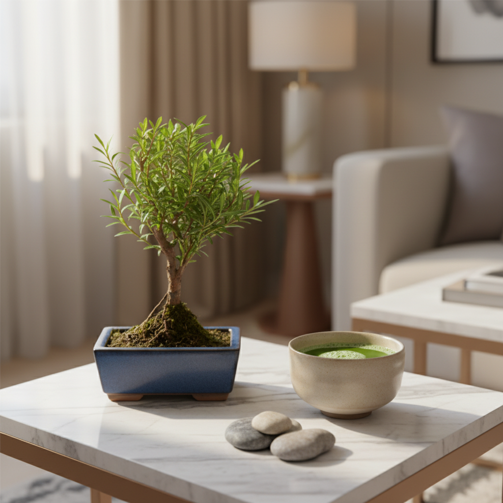 Bonsai Syzygium Buxifolium con fioritura - bonsai con chioma tondeggiante accanto a una tazza di tè e pietre zen su un tavolino in marmo bianco