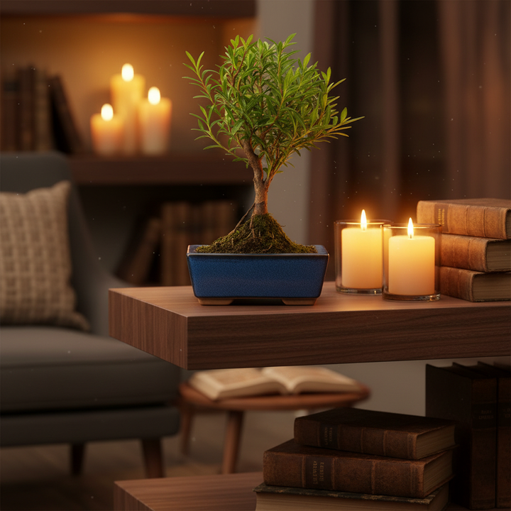 Bonsai Syzygium Buxifolium sempreverde - bonsai con foglie verdi compatte e tronco robusto su una mensola in legno scuro, illuminato da luce calda e soffusa