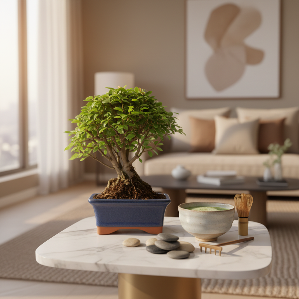 Bonsai Sageretia Theezans - bonsai delicato accanto a una tazza di tè e pietre zen su un tavolino in marmo bianco, atmosfera serena