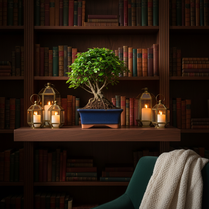 Bonsai Sageretia Theezans - bonsai con foglie piccole e rami eleganti su una mensola in legno scuro, illuminato da luce calda e soffusa