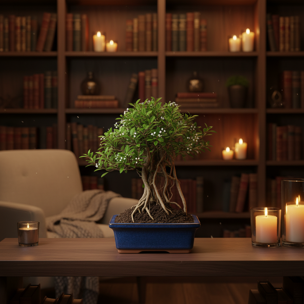 Bonsai da collezione Serissa Phoetida con piccoli fiori bianchi su una mensola in legno scuro, illuminato da luce calda e soffusa