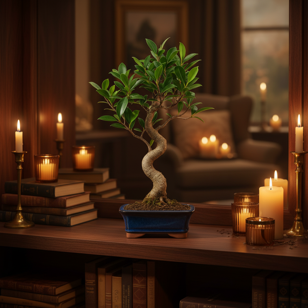 Bonsai Ficus Retusa - pianta in vaso su una mensola in legno scuro, illuminata