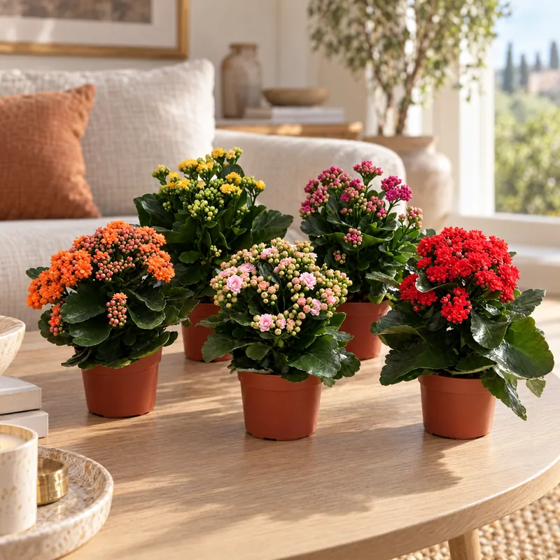 Piante di Calandiva fiorite in colori misti su un tavolino da soggiorno, idea regalo per la casa