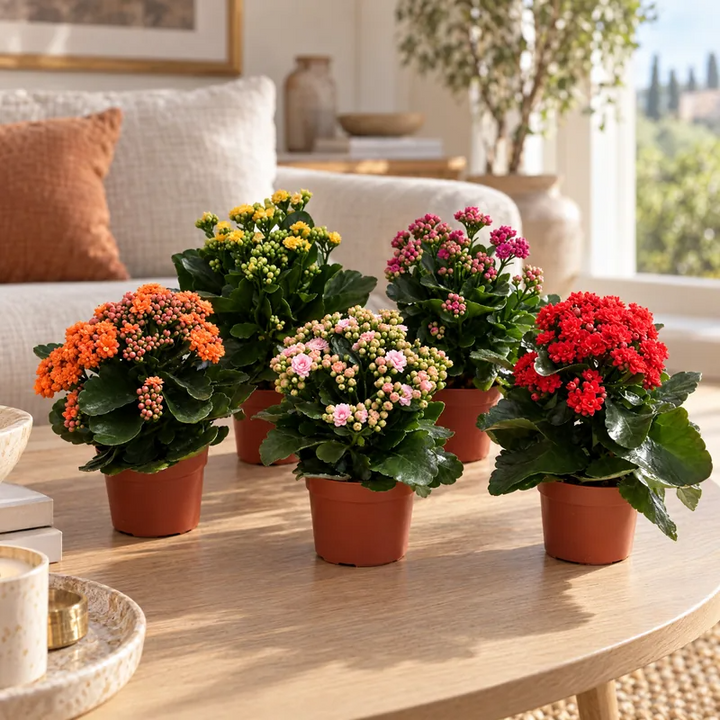 Piante di Calandiva fiorite in colori misti su un tavolino da soggiorno, idea regalo per la casa