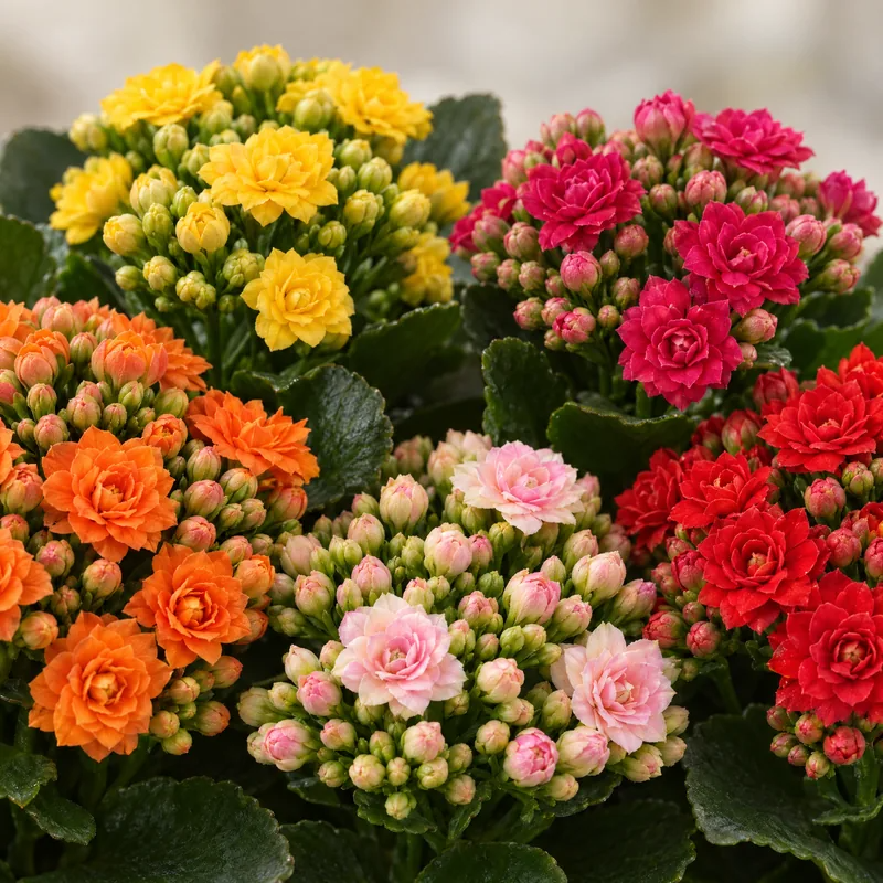 Primo piano dei fiori doppi a rosellina della Calandiva, Kalanchoe blossfeldiana in colori misti