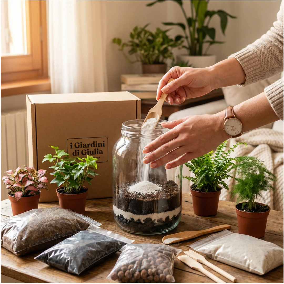 Creare un Terrarium Fai da Te - donna che assembla il kit con piantine
